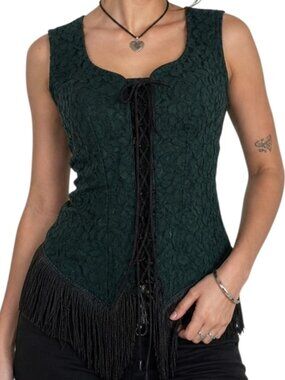 Handmade Lace Up Corset Fringe Green Women Medium Ren Faire Whimsigoth Indie Y2K